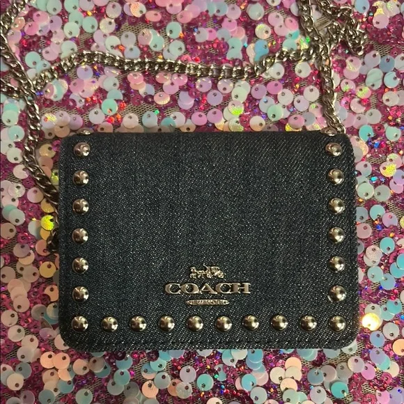 Coach mini denim Card Holder with crossbody chain - Picture 1 of 8